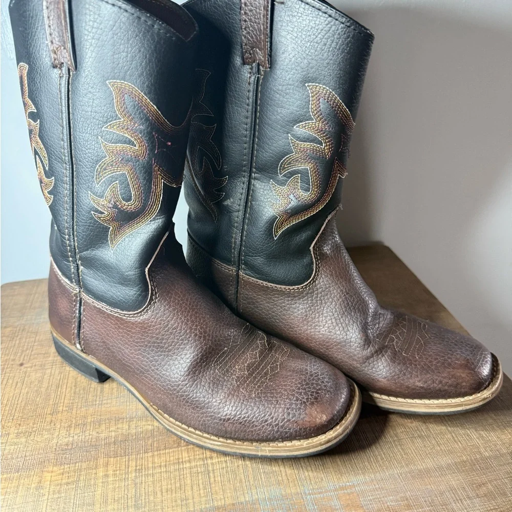 Cowboy Boots Boy Size 1 Kids Brown/Black Western Boots - Picture 2 of 6